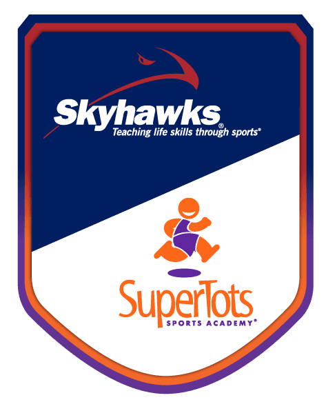 The dual-branded Skyhawks hawk logo and the SuperTots toddler running logo.