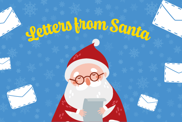 An illustration of Santa reading a letter and surrounded by letters