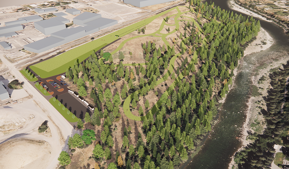 Aerial view of course path, clubhouse and parking area applied on typography of area.