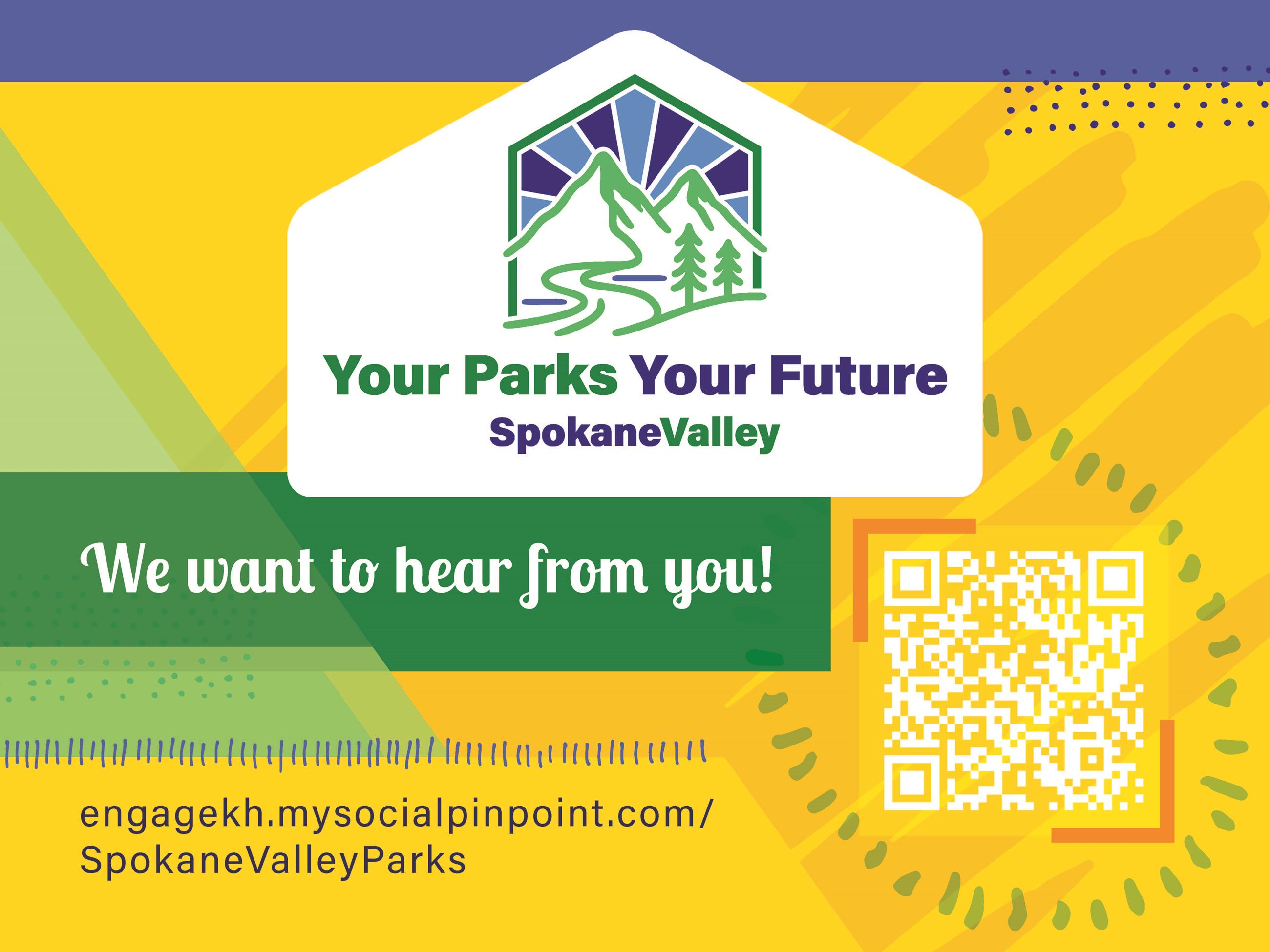 The Spokane Valley Your Parks, Your Future Master Plan branded graphic with a QR code to the right.